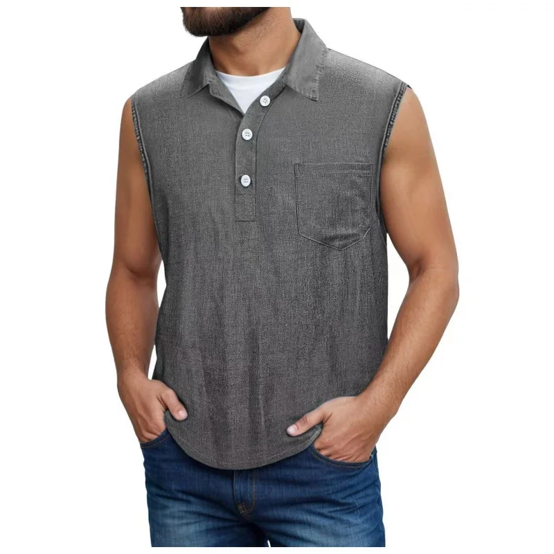 Men's polo shirt 2026 new sleeveless POLO denim vest top stand-up collar pocket front opening buttons shirt men's clothing