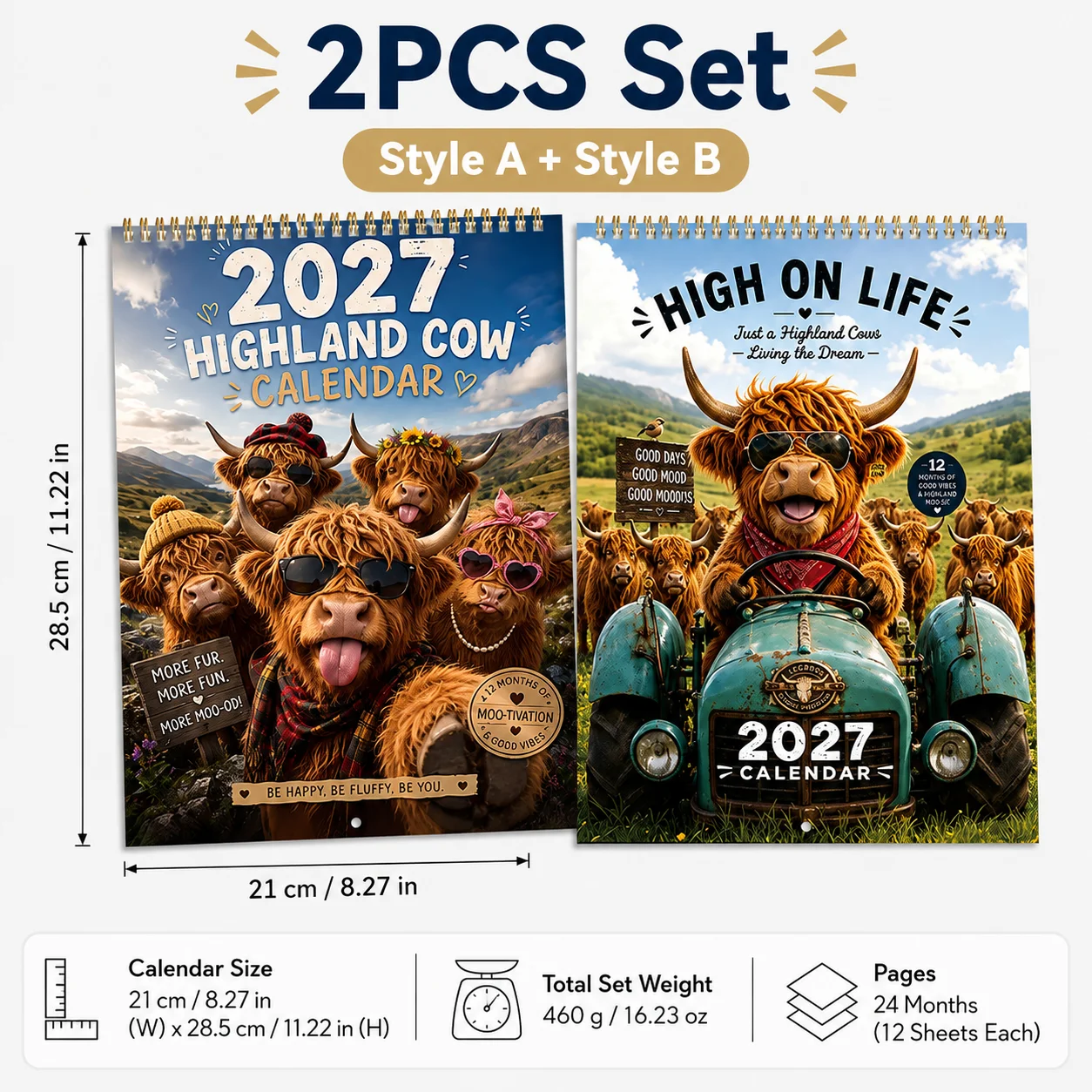 2027 Highland Cow Wall Calendar, Funny 12-Month Spiral Hanging Monthly Planner, Rustic Farmhouse Decor Gift for Cow Lovers Home