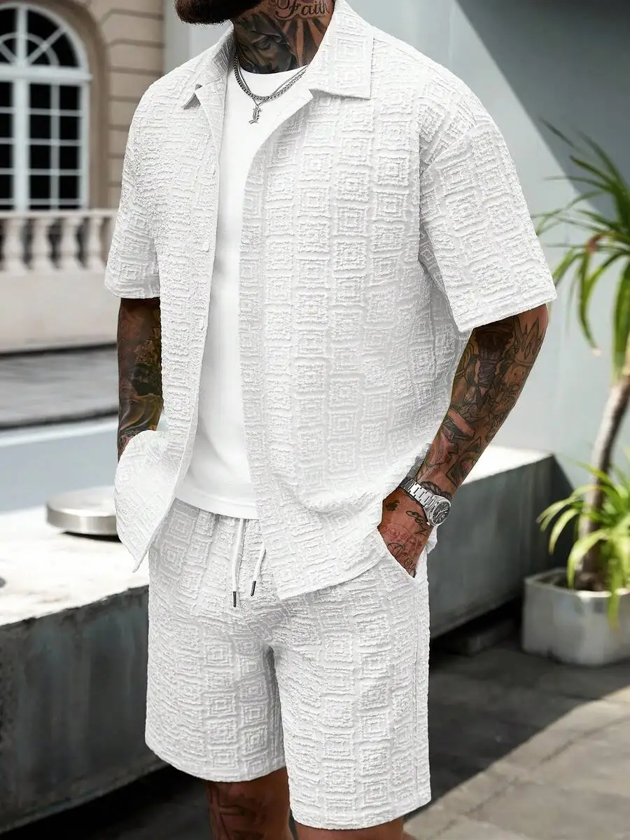 

Manfinity CasualCool Men's Yellow Summer Casual Vacation Holiday Outfit,Textured Geometric Pattern Short Sleeve Button Up Shirt