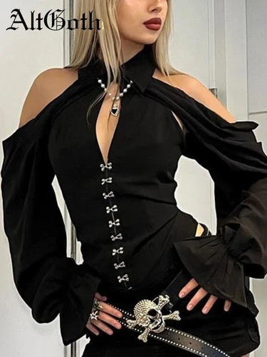 Imagen 1 del producto AltGoth-Camiseta gótica con corsé para mujer, ropa de calle Vintage, estética, Sexy, con botones calados y hombros descubiertos, camisetas de manga larga
