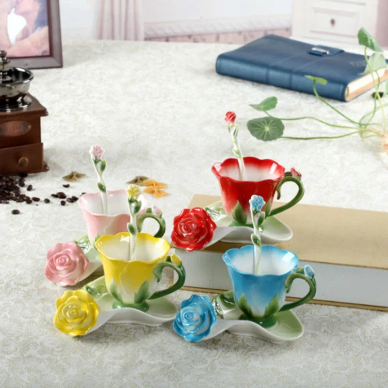 Enamel Flower Cups Dish Spoon Set Ceramic Mug, Colorful Breakfast Milk Coffee Mugs, Wedding Gift Creative Tea Cup, Kawaii Cup - view 2