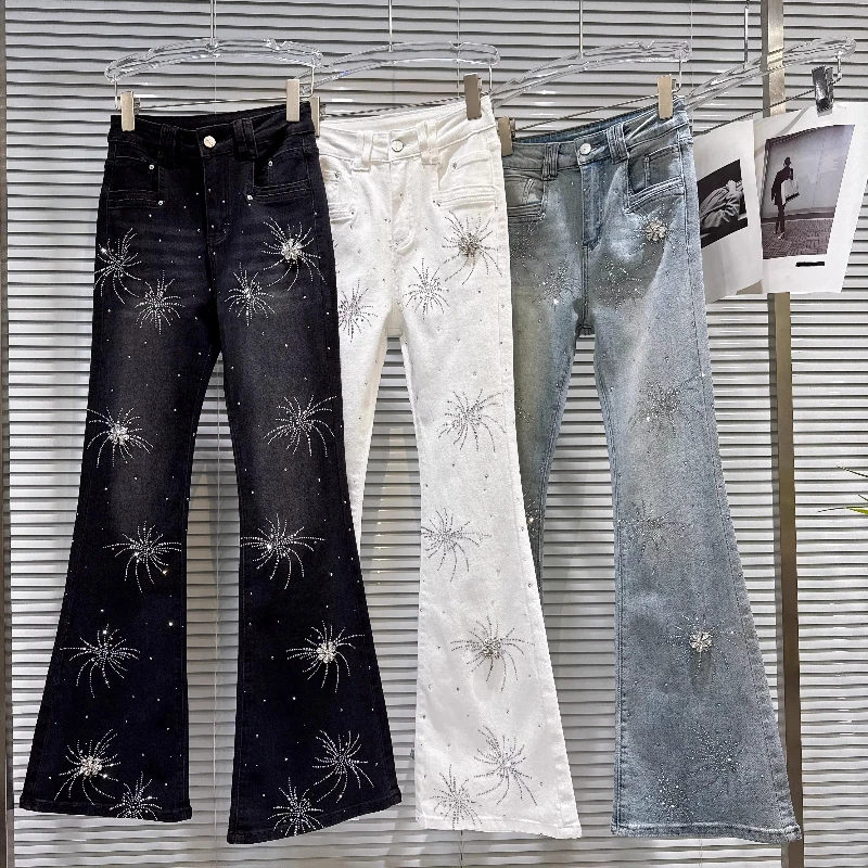 Heavy Industry Rhinestone Beaded Floral Embellished Women's Flared Jeans 2026 Spring New Sweet Cool Versatile Denim Pants Ladies