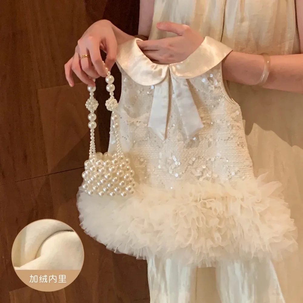 

Твидовое платье для девочек в стиле принцессы, новая зимняя модель, праздничное платье для малышей на 1 год, модное цельное платье