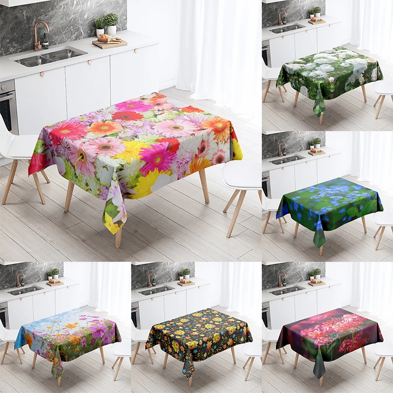 Colorful Flower Tablecloth Natural Scenery  Anti-Stain Waterproof Rectangular Kitchen Dining Table Home Decoration