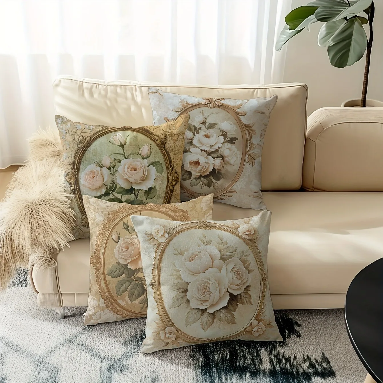 

Vintage Floral Rose Pillowcase, Ornate Frame Design, Classic Home Decor Cushion Cover