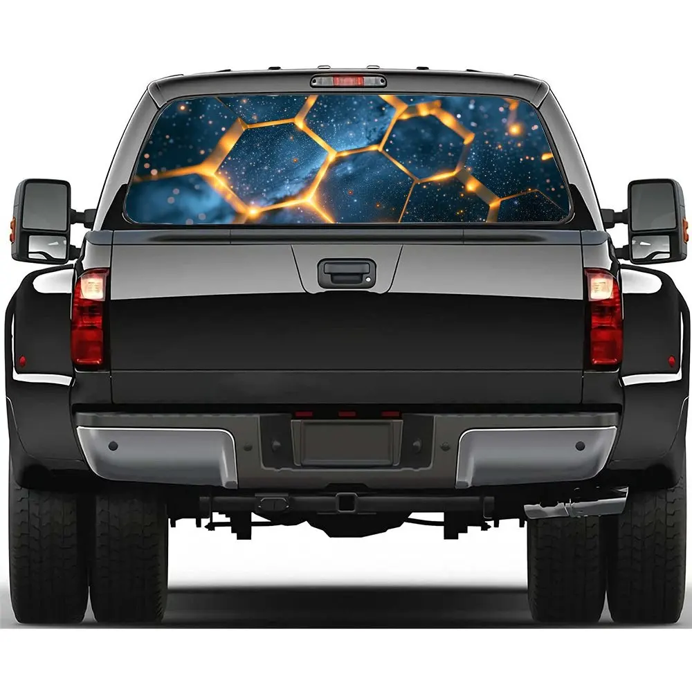 Hexagonal Starry Sky Flame Car Rear Windshield Sticker Truck Window See Through Perforated Back Window Vinyl Decal Decoration