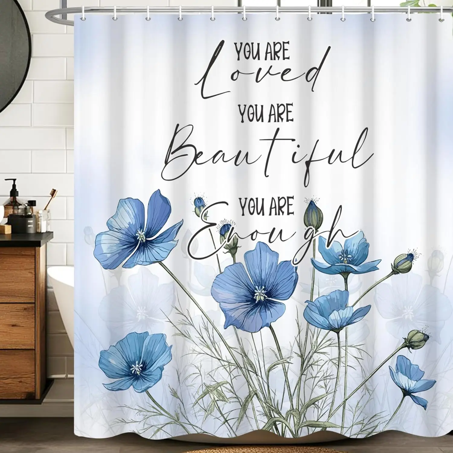 

Синяя занавеска для душа с цветочным принтом и надписью «Ты любим(а)», водонепроницаемая, вдохновляющий декор для ванной комнаты, для создания позитивной атмосферы дома