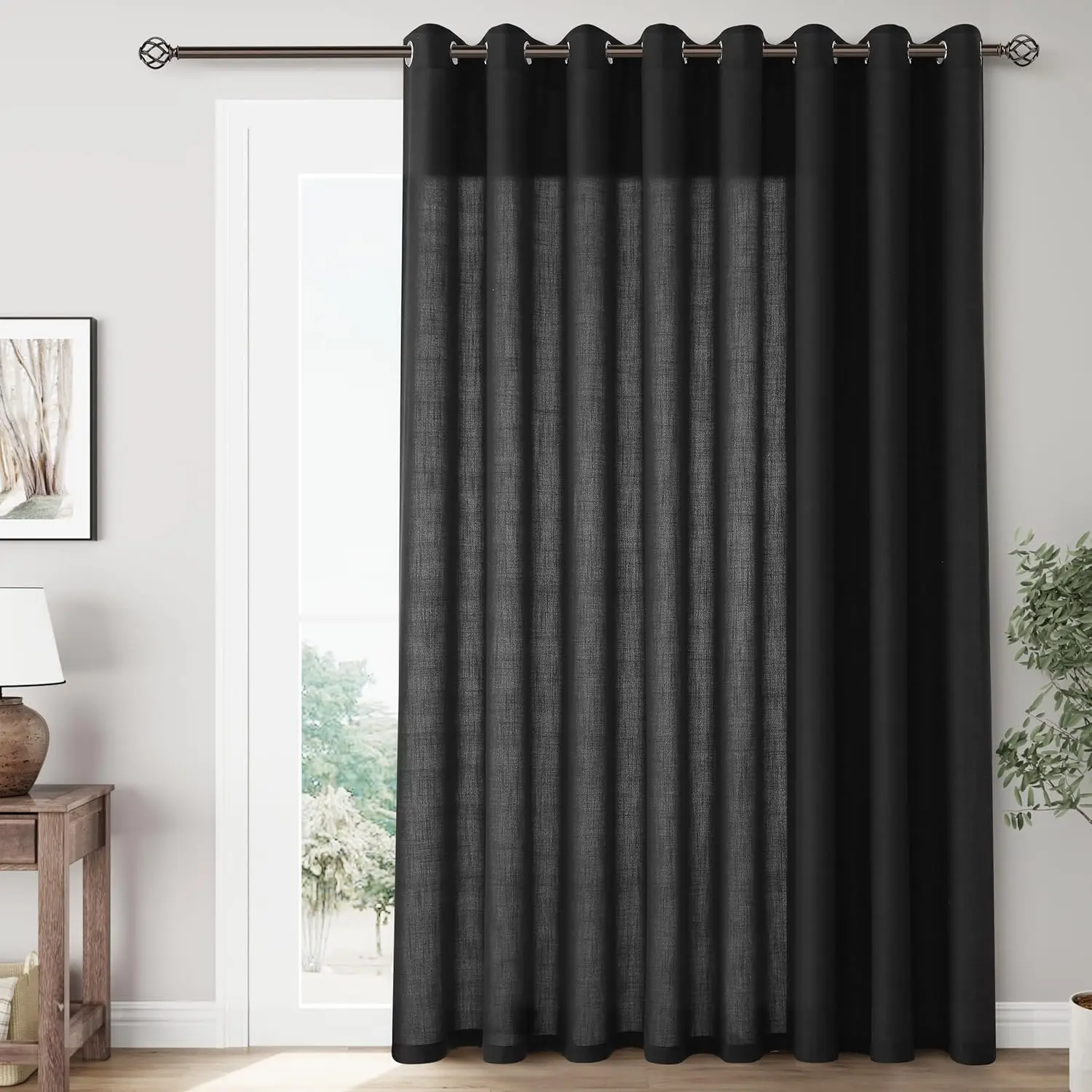 

Черные очень широкие льняные шторы (100 дюймов) для гостиной, светопропускающие полупрозрачные занавески для раздвижных дверей