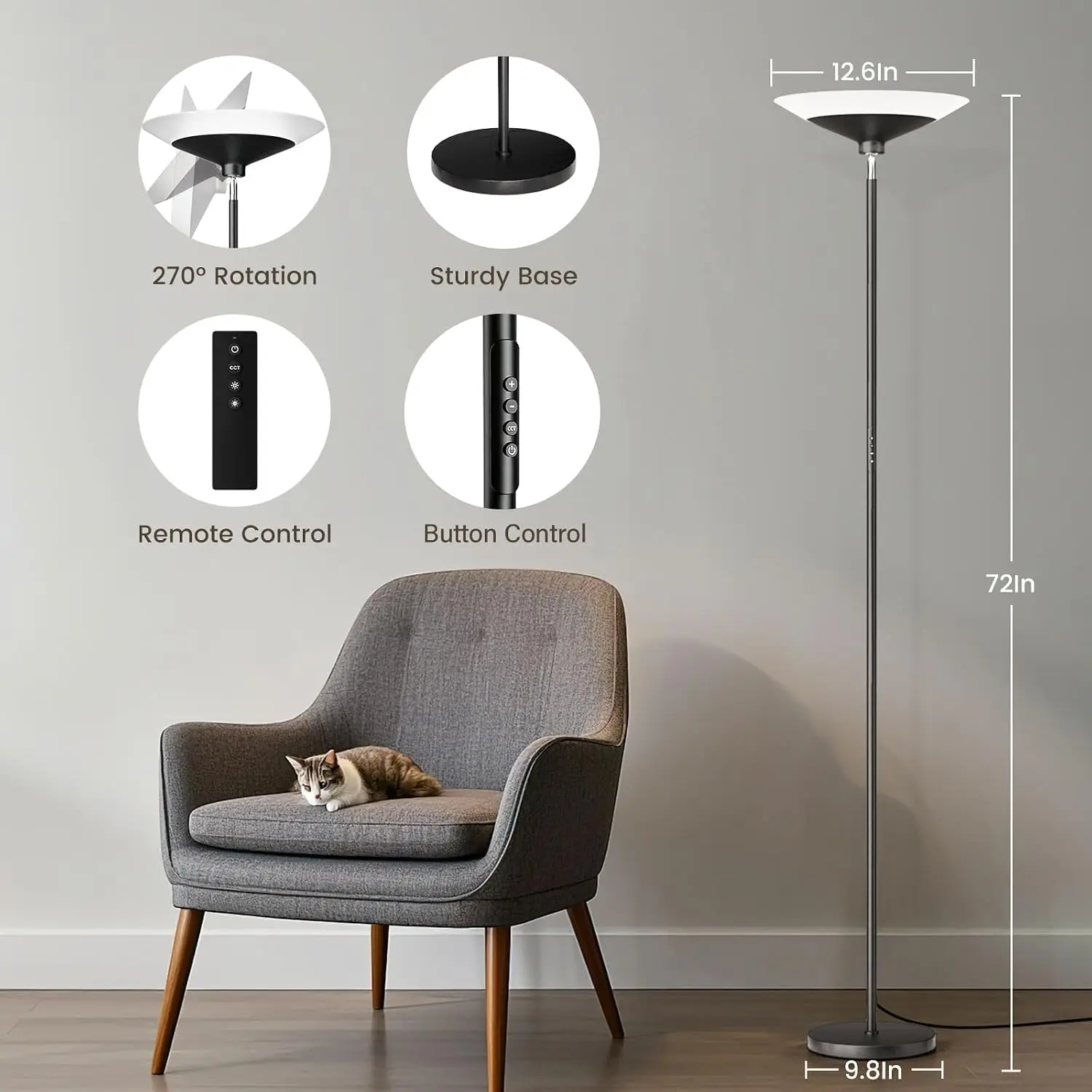 72‑Inch Black Modern Torchiere LED Corner Floor Lamp, 30W 1800‑LM, 3000K‑6500K Adjustable Color‑Temperature, Remote & Button Control, Dimmable, For Living‑Room, Bedroom, Office & Apartment