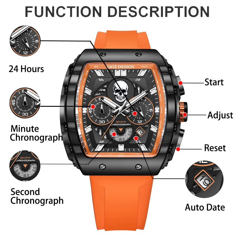 LIGE Mens Watches Creative Skull Quartz Wristwatch Sports Waterproof Silicone Strap Watch for Men Luminous Chronograph Watch Man