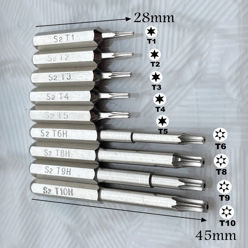 Torx 스크루드라이버 비트 세트, T1 T2 T3 T4 T5 T6H T8H T9H T10H 수리 도구, 매화 수리 헤드, 28mm 및 45mm