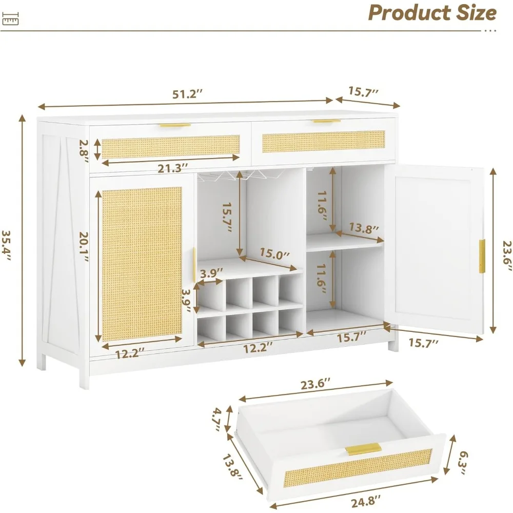 51.2'' Rattan Coffee Bar Cabinet with Drawers and Storage, Boho Sideboard Buffet Cabinet with LED Lights, Wine Liquor Cabinet wi