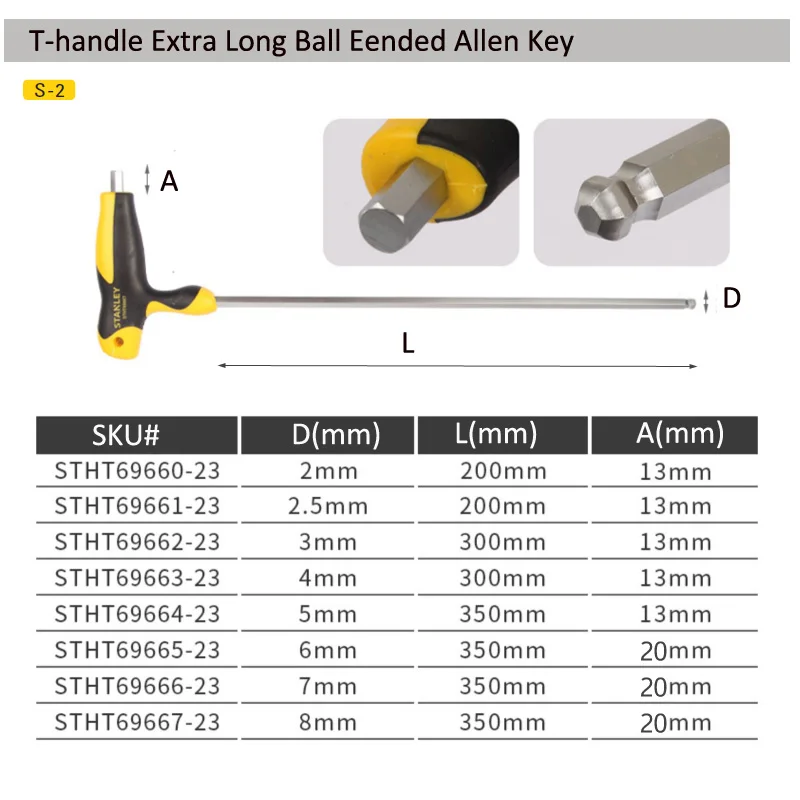 Stanley Extra Long T handle Allen keys Set 8mm 7mm 6mm 5mm 4mm 3mm 2.5mm 2mm Hexagonal Key Ball Tips Professional Screwdriver