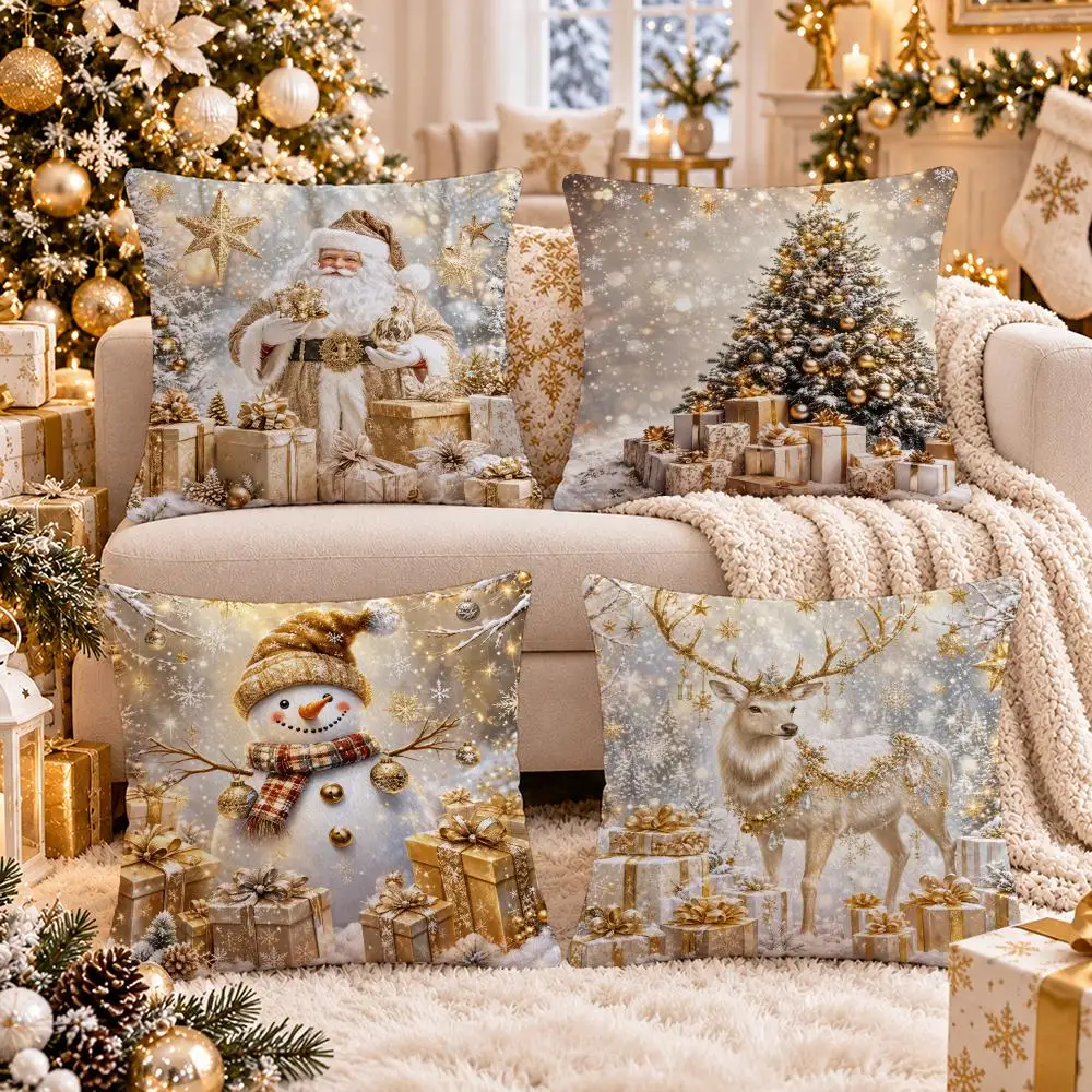 Champagne Winter Enchantment Cushion Cover 1/4Pcs Soft Plush Cushion Case Throw Pillowcase Cozy Home Sofa Bed Living Room Decor