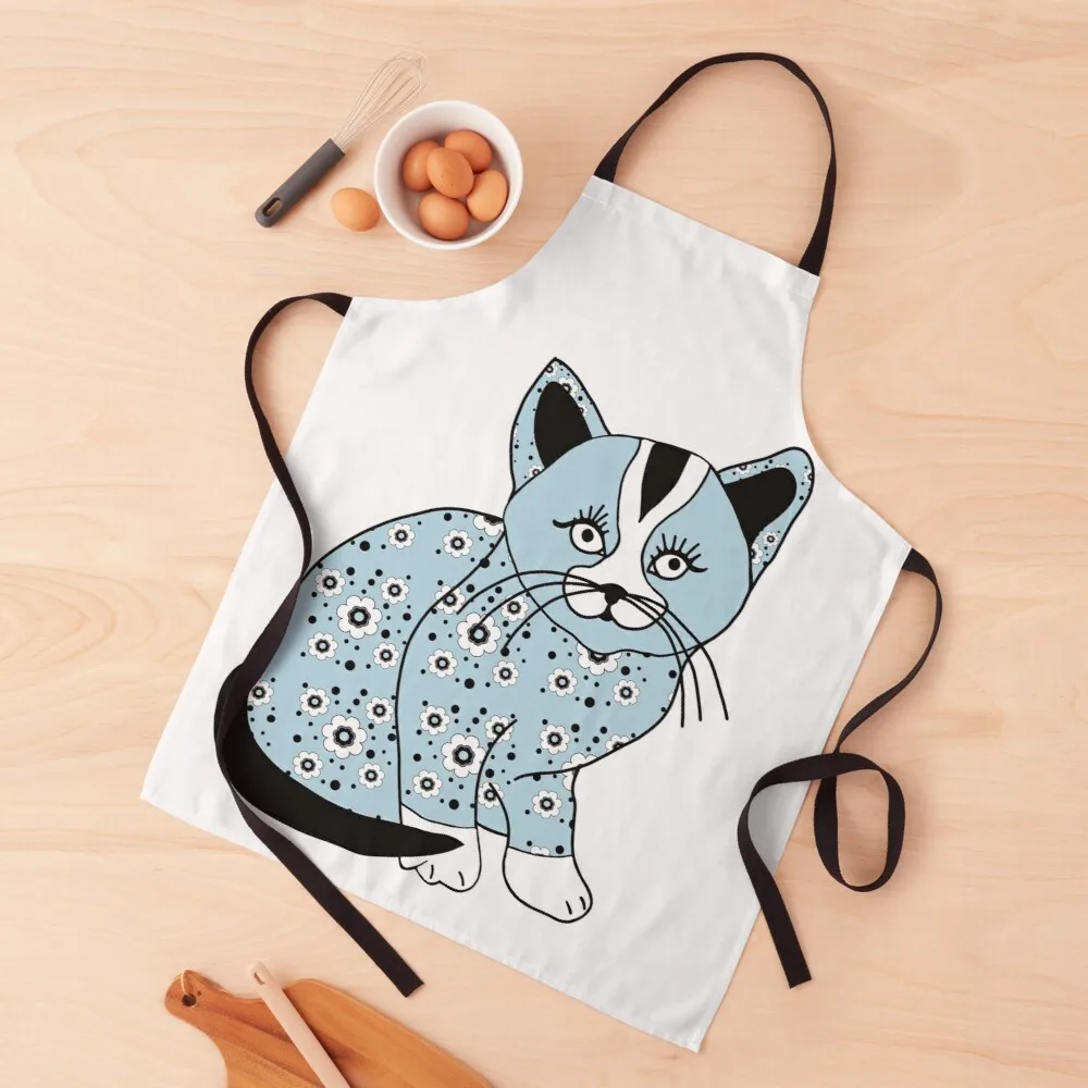 

Blue Kitten in Mod Floral Pattern Pyjamas Apron apron for kitchen women Kitchen aprons woman Women apron