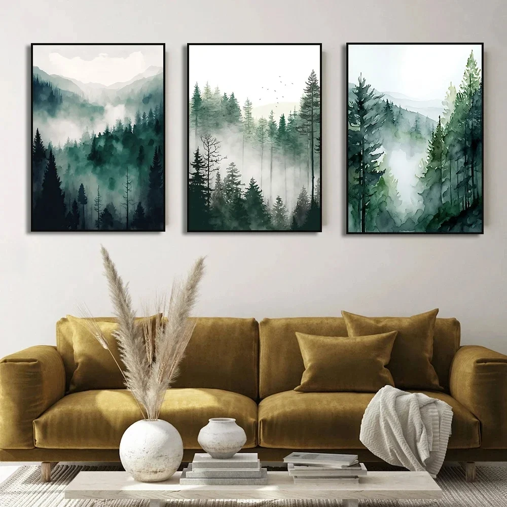 1pc frameless Canvas Painting Foggy Mountain Misty Forest Pine Sage Green Wall Art Canvas Painting Nordic Poster and Prints Wall