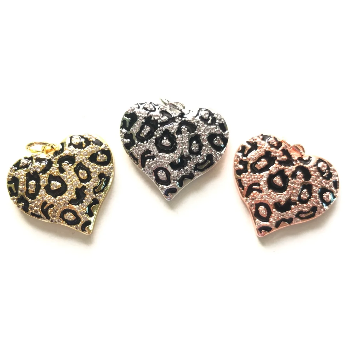 5pcs Enamel Black Leopard Print Heart Charms for Women Bracelet Making Zirconia Pave Pendants for Girl Necklace Jewelry Handmade