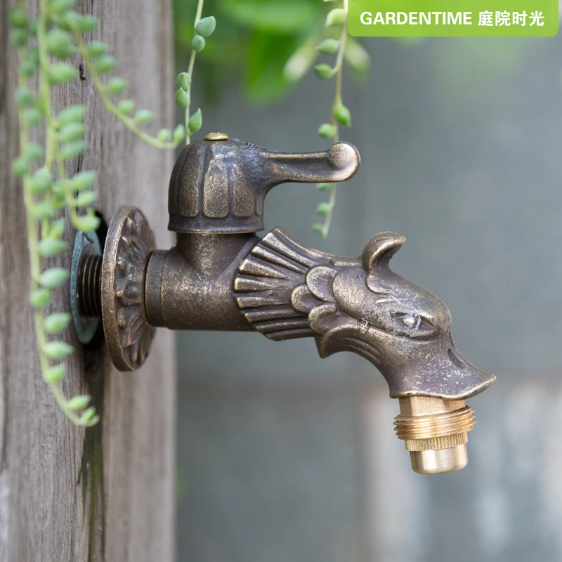 lengthened and thickened brass dragon-shaped faucet retro shape into the wall balcony garden outdoor spray gun watering flowers