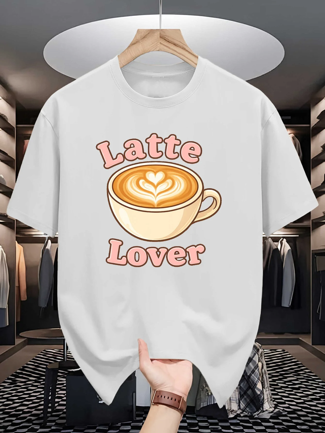Mens Latte Lover Coffee Graphic Tee Retro Latte Art Print O Neck Short Sleeve Cotton Tops For Coffee Fans Casual Street Wear