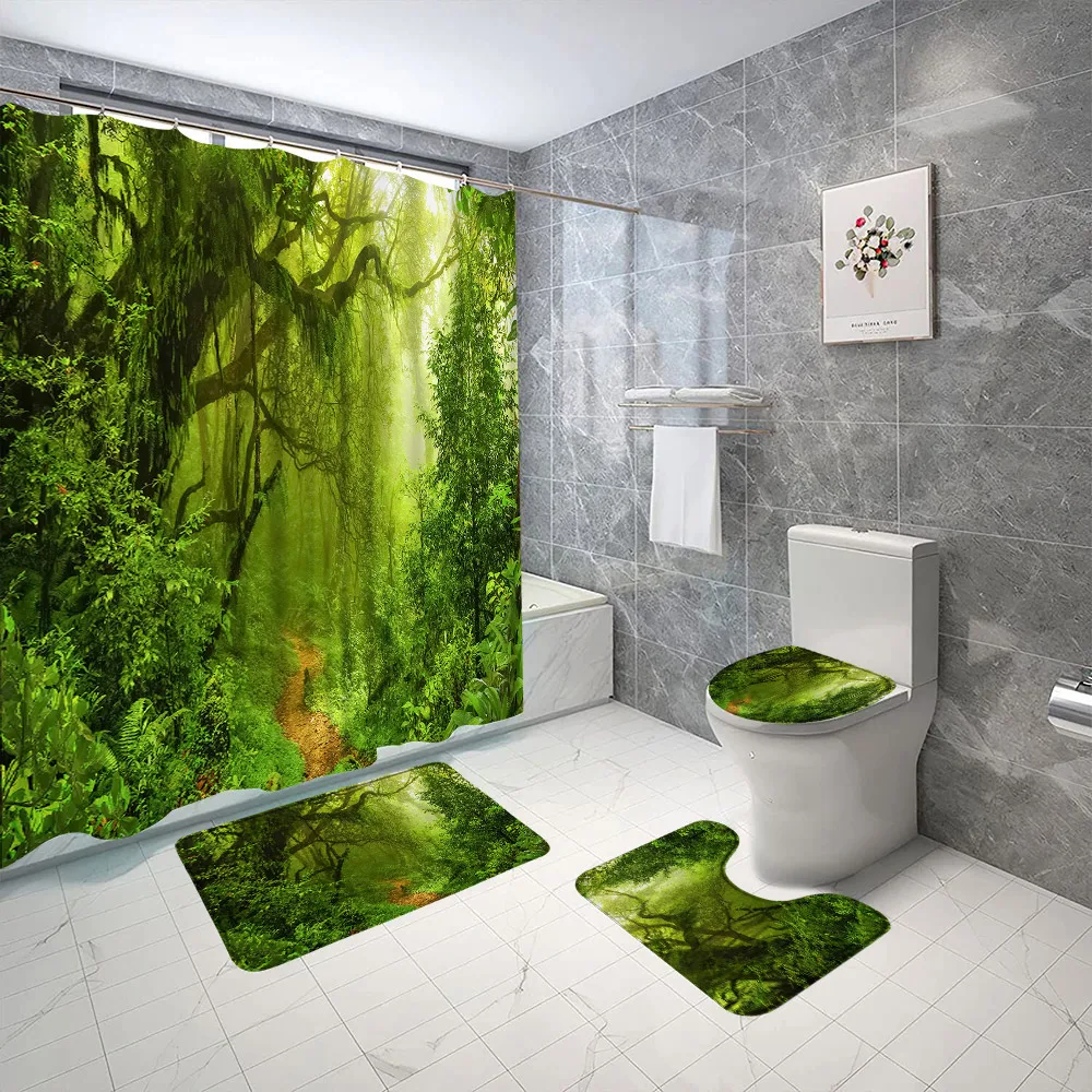 Rainforest Shower Curtain Set Forests Landscapes Spring Fabric Decor Bathroom Curtain Anti Slip Bath Mat Toilet Lid Toilet Lid