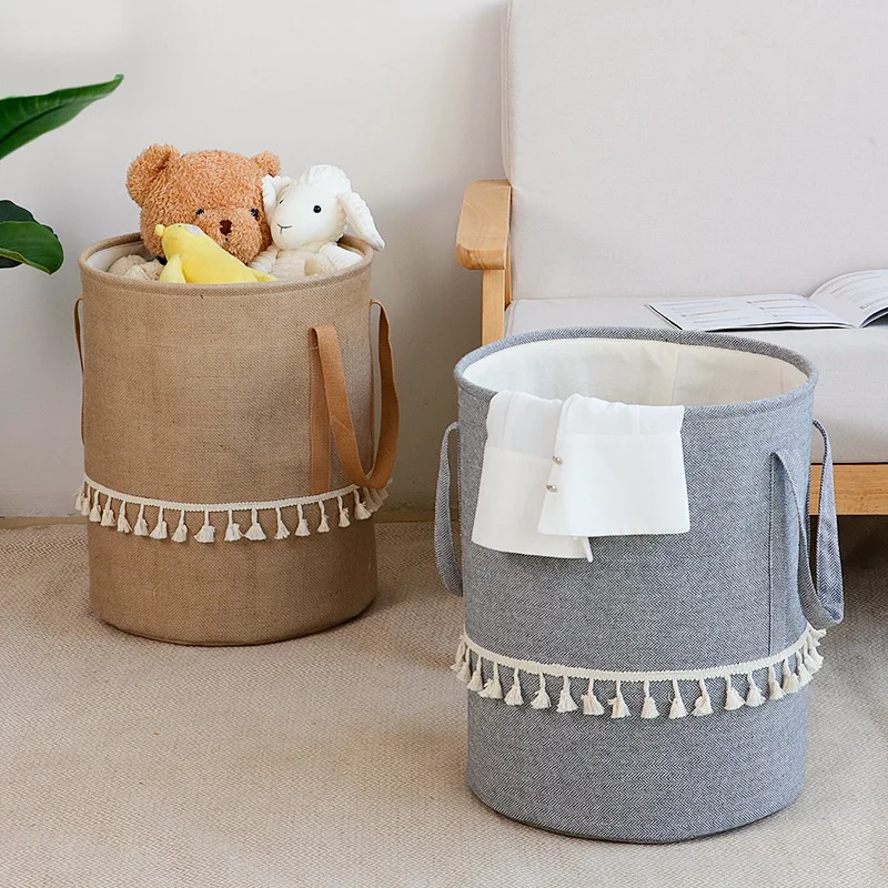 Cotton Linen Tassel Fabric Storage Bucket Foldable Ultra-Large Capacity Toy and Miscellaneous Storage Basket