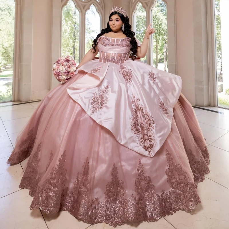

Pink Shiny Quinceanera Dresses Off The Shoulder Applique Lace Beading Crystal Bow Tull Party Birthday Sweet 16 Dress Vestidos 15