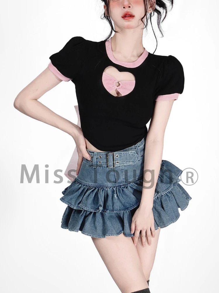 Summer Korean Style Two-piece Set Women Bow Black Crop Tops + Denim Skirt Shorts Japanese Casual Elegant Vintage Skirt Suit 2022