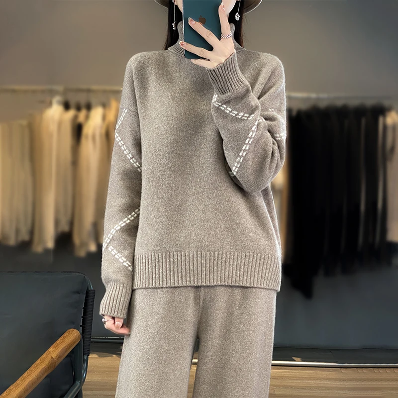 Women Suits 100% Wool Knitting Pant Ladies Sweater+Wide Leg Pants Autumn Winter Solid Color Soft Warm Pullovers for Female YP01