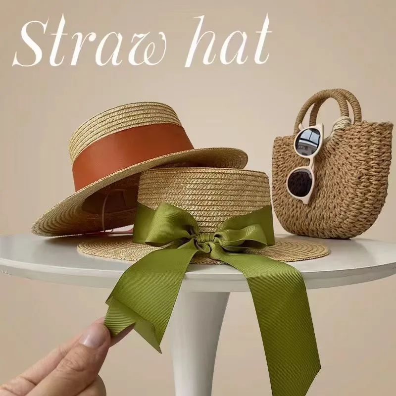 

Summer natural wheat straw flat top hat fashion bow streamer age reducing beach sun hat outdoor sun protection hat