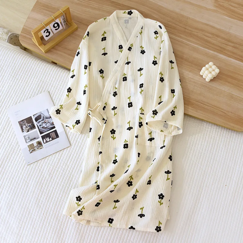 2023 Japanese Style Kimono Spring Summer New 100% Cotton Crepe Ladies Thin Nightgown Women Bathrobe Robe Home Service Pajamas