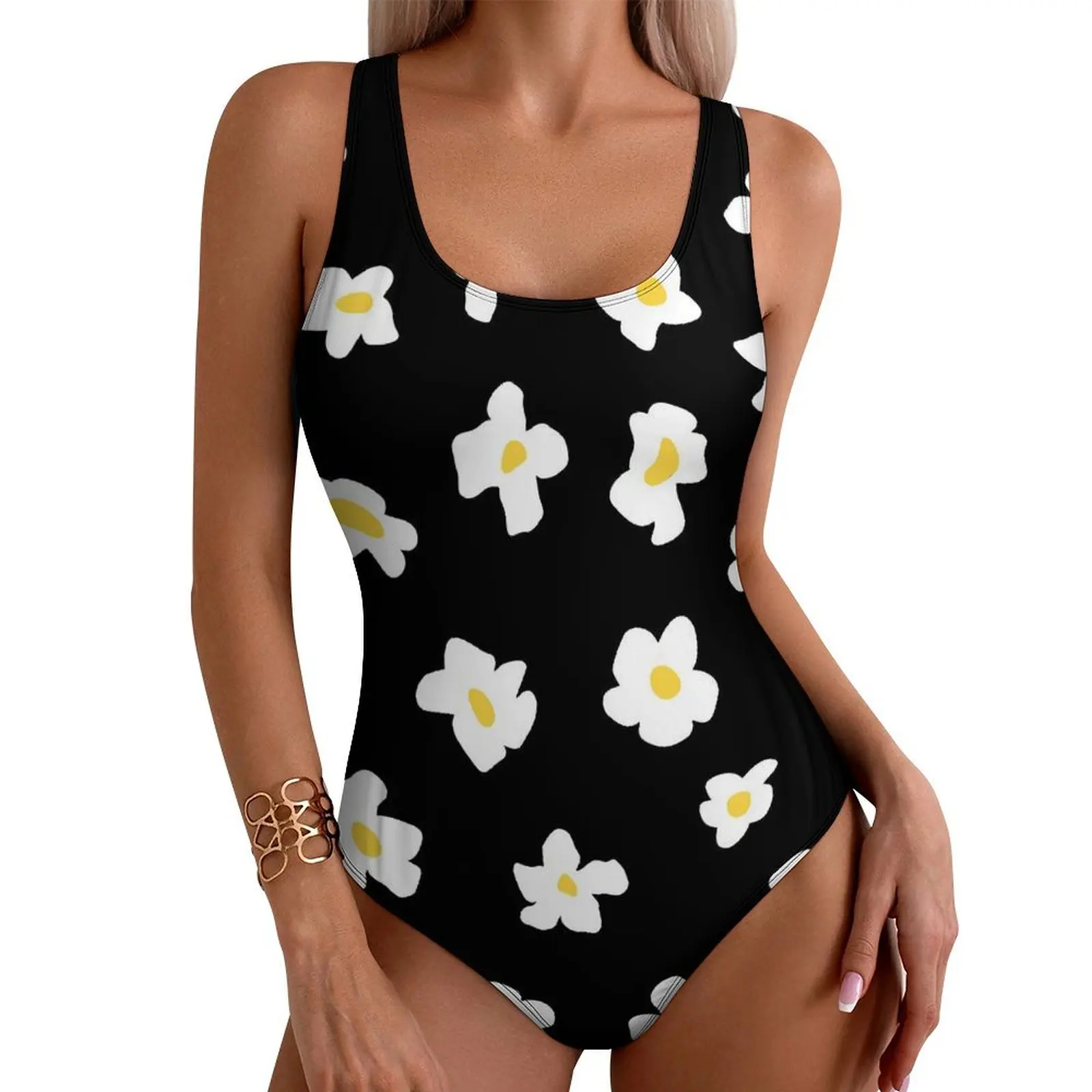 

Retro Daisies Swimsuit White Floral Swimwear One-Piece Holiday Swimsuits Hollow Out Monokini Female Push Up Sexy Beach Outfits
