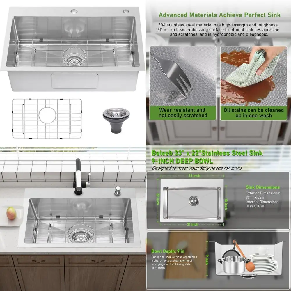 

Stainless Steel Kitchen Sink 33x22 with 9 Basin Depth, 18 Gauge, 3D Embossed Surface, Top Mount Style and Accessories