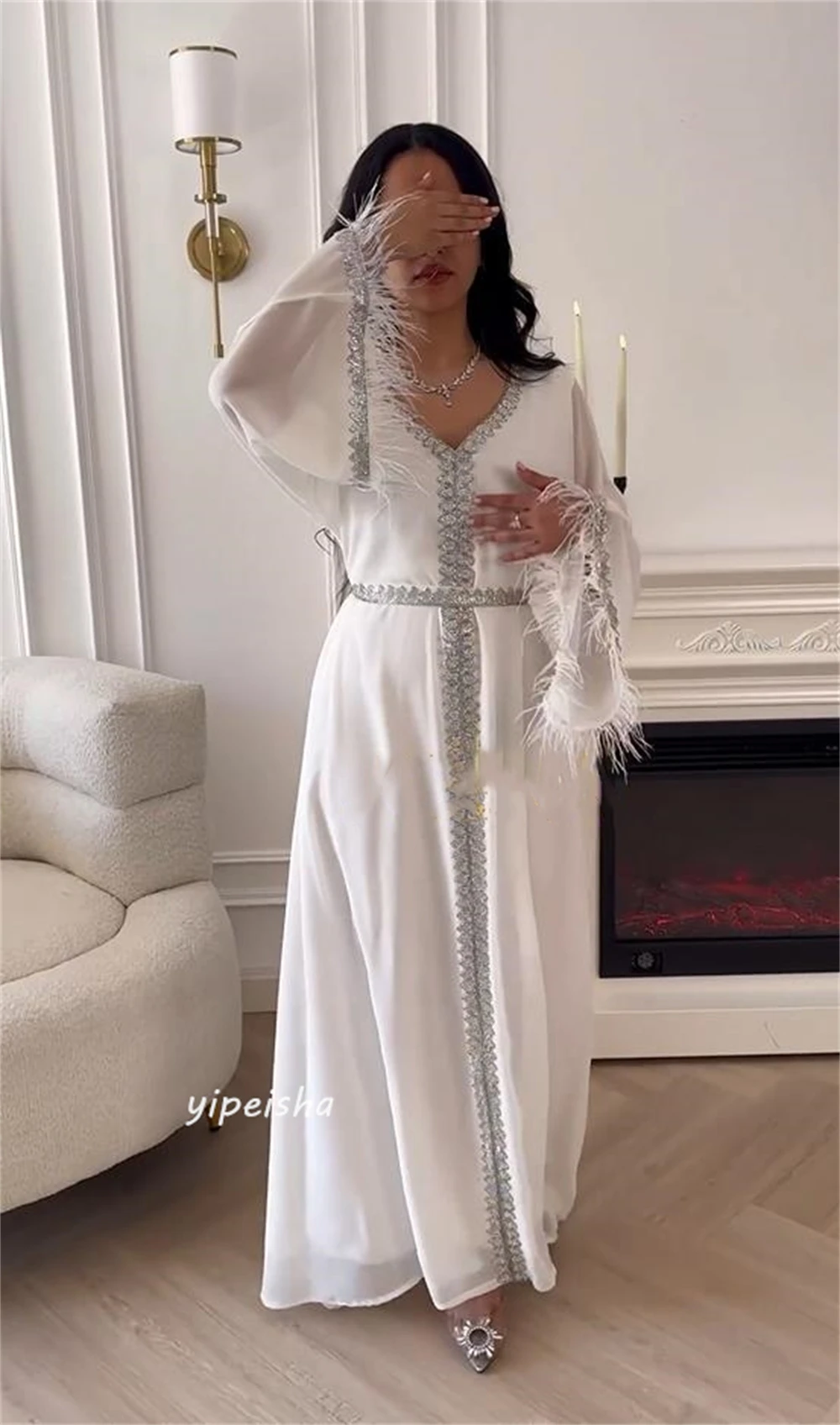 Prom Dress Saudi Arabia Formal Modern Style Evening V-Neck A-line Beading Feathers Ankle-Length Chiffon Dresses