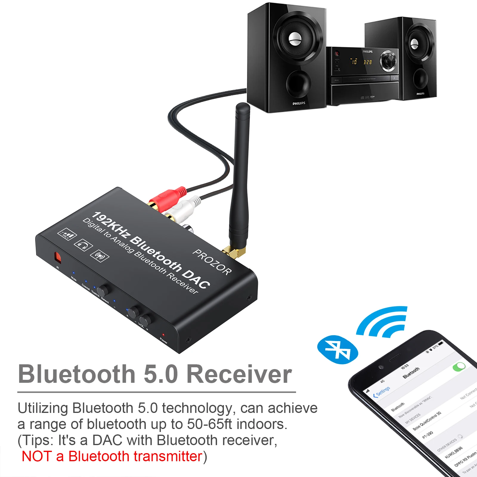 Bluetooth-Compatible V5.0 DAC Converter Coaxial Optical to Analog RCA 3.5mm Stereo Digital Audio Converter Remote Control