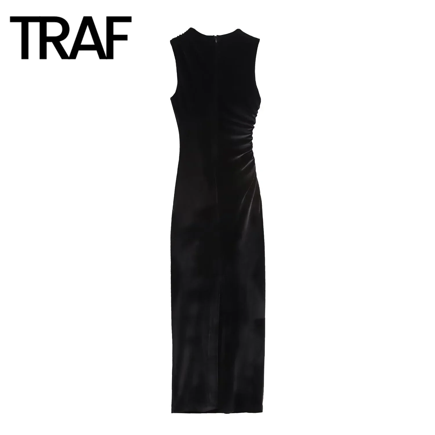 TRAF Velvet Dress for Women Fashion Autumn Winter  New Pleated Round Neck Long Vest Dress Female Back Zip Sleeveless Evening