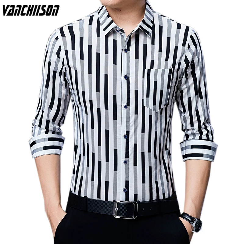 

Men 100% Cotton Shirt Tops Long Sleeve for Summer Spring Stripes Retro Vintage Office Male Fashion Clothing 00831