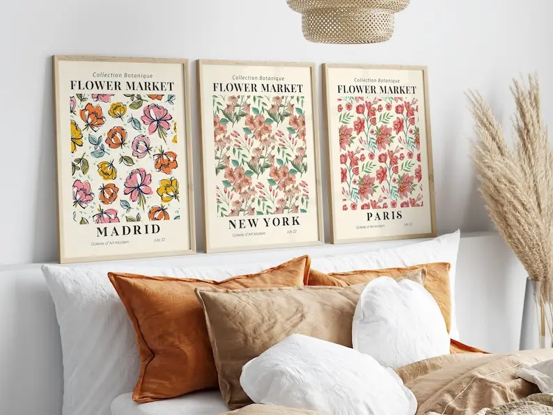 3 قطعة/المجموعة البوهيمي زهرة السوق قماش يطبع منتصف القرن الحد الأدنى خطوط النباتات الخضراء الفن الملصقات لغرفة المعيشة ديكور المنزل