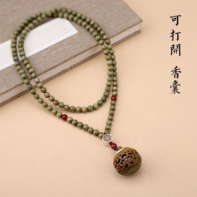 Green Sandalwood Carved Lotus Fragrance Sachet Bead For Women's Hollowed Out Openable Pendant Necklace, Wooden Neck Hanging Swea