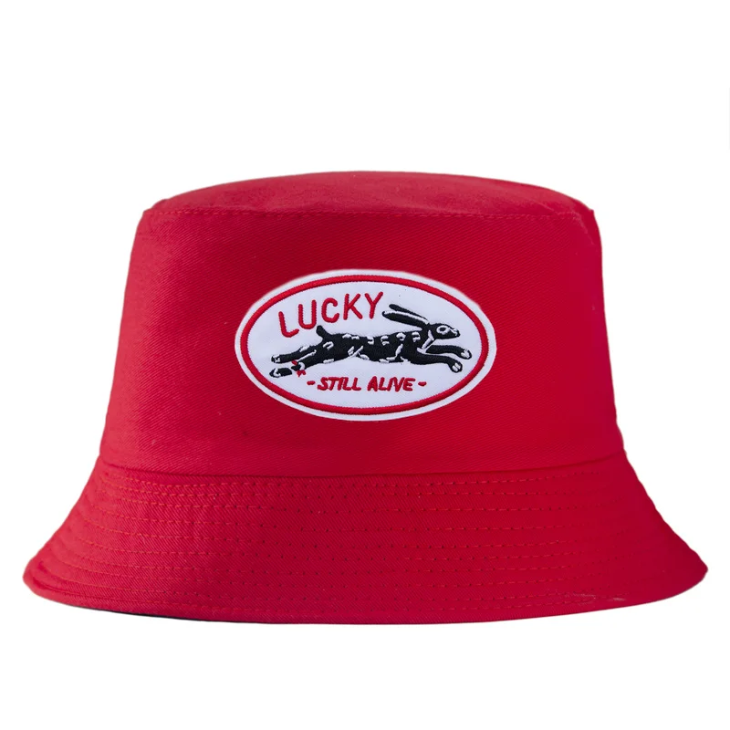 Lucky Still Alive Rabbit Embroidered Patch Bucket Hat Vintage Streetwear Oval Patch Cotton Fisherman Cap Retro Sun Hat