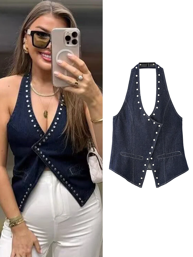 TFMLN-Tops vaqueros elegantes con decoración de remaches para mujer, Tops a la moda con hombros descubiertos y espalda descubierta, camiseta sin mangas de calle alta con cuello Halter, ropa de calle de verano 2025