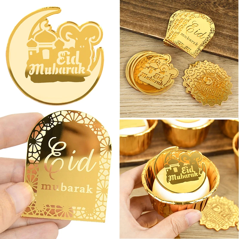 10pcs Eid Mubarak Cake Toppers Ramadan Kareem Gold Acrylic Cupcake Toppers For Islamic Muslim Festival Party Cake DIY Decoration