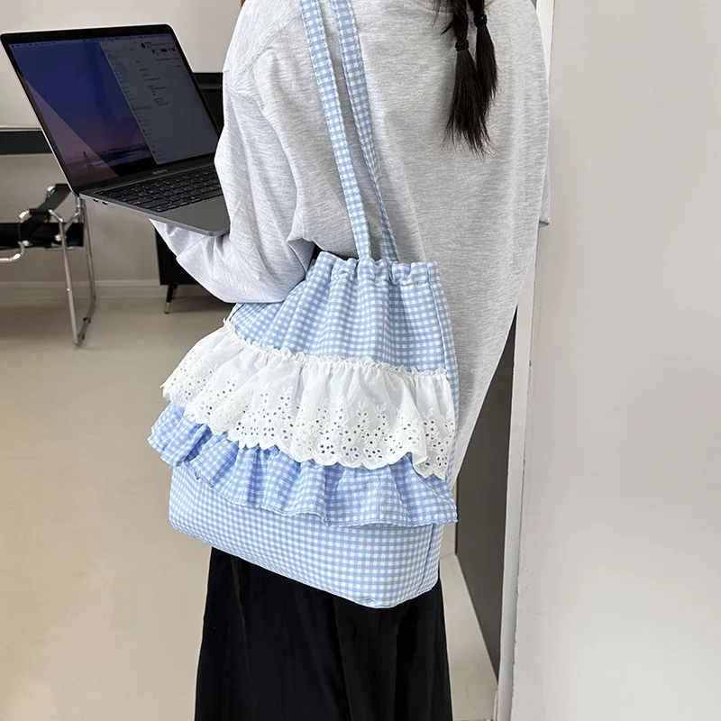 

2025 Womens Collegiate Checkered Bag Instagrammable Nylon Tote with Lace Detail Roomy Shoulder Purse for Campus