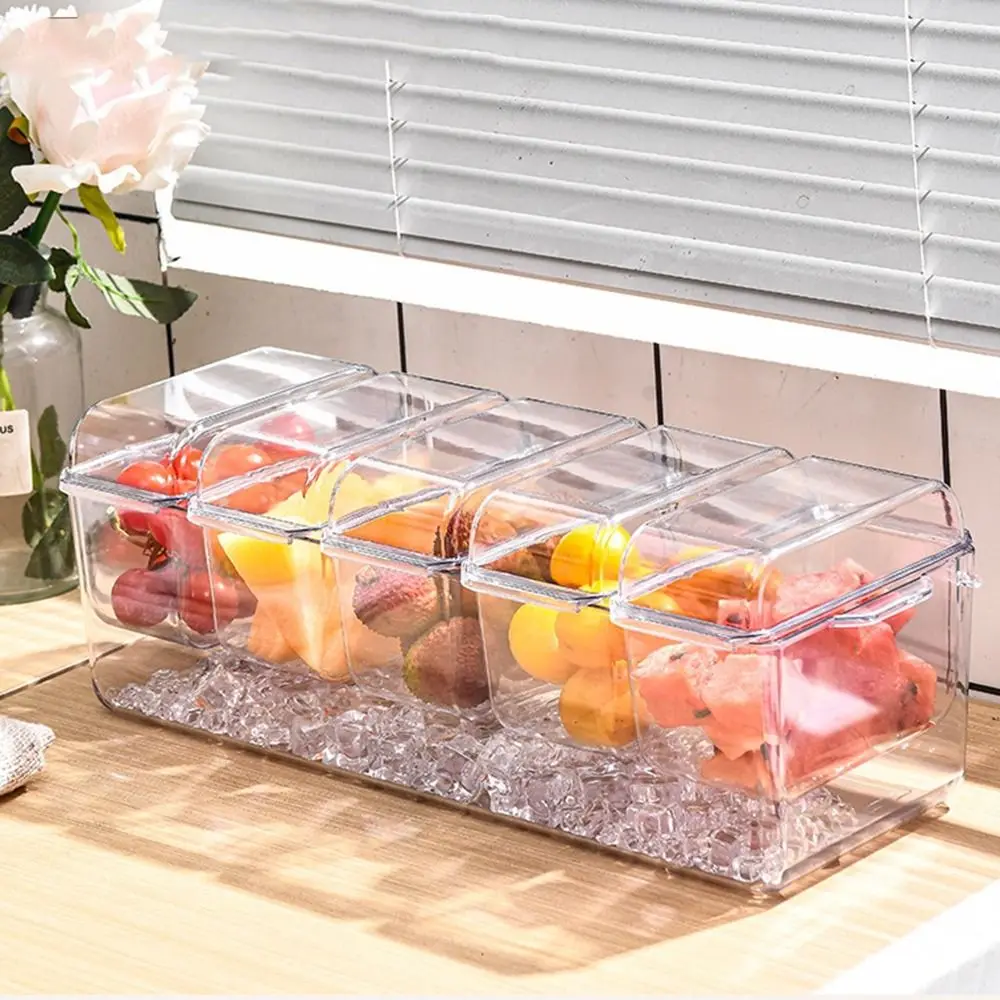 Plastic 4/5 Grids Condiment Tray Dustproof Large Capacity Transparent Fresh Iced Box Divider Lid Chilled Fruit Salad Box Picnic