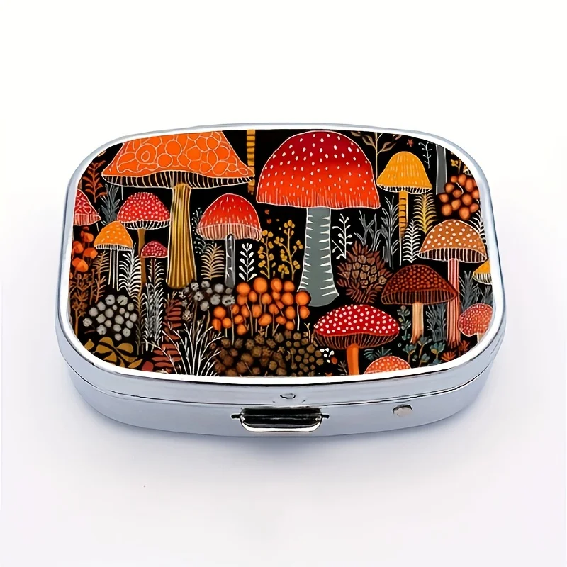 1 Colorful Mushroom-Patterned 2-Compartment Metal Pill Box - Portable Decorative Pill Box, Suitable for Travel and Purse - Unique Vitamin Box, Perfect Holiday Gift - 2inch