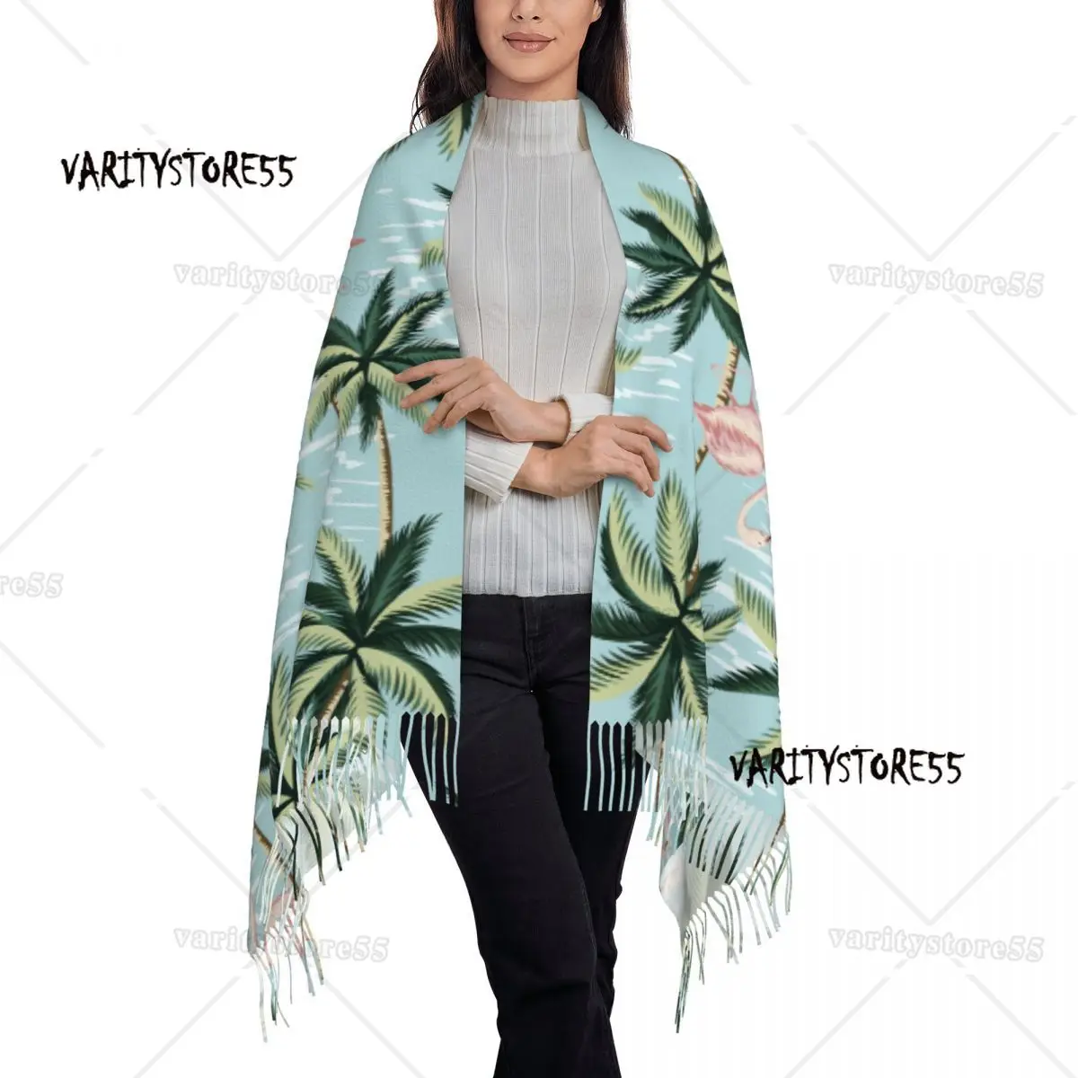 Personalized Printed Tropical Vintage Pink Flamingo And Palm Trees Long Pile Fringe Men Scarf Women'S Anti Chill Scarf