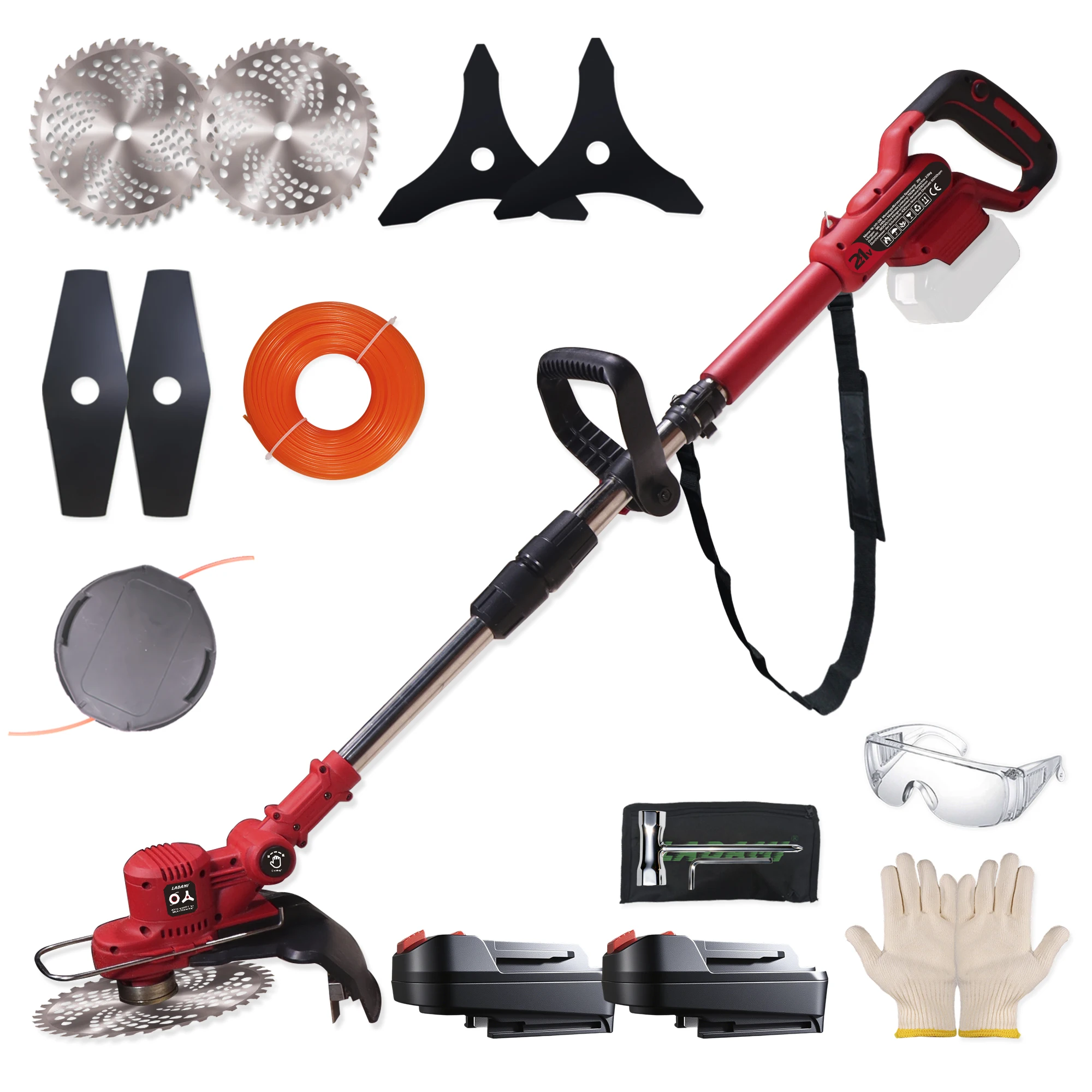 LADAMI draadloze grastrimmer, geschikt voor Einhell-accu's, Makita-accu's en Bosch-accu's, grastrimmer, 90 ° Draaibare trimkop, uitschuifbaar handvat, draadloze trimmer voor het trimmen van gazon en