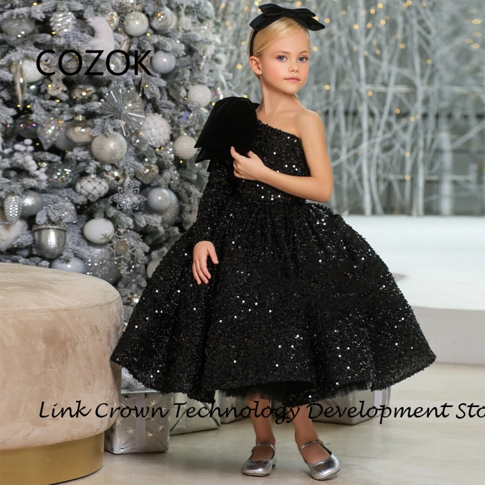 

COZOK Black Flower Girls Dresses with Sequined 2024 Summer New A Line Tea Length Christmas Dresses New فستان عيد الميلاد 2025