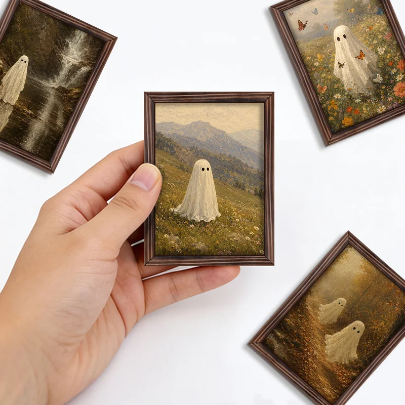 4Pcs Mini Wooden Frame Ghost Fridge Magnets, Retro Oil Painting Cute Ghost Refrigerator Magnets Set, Wildflower Mountain