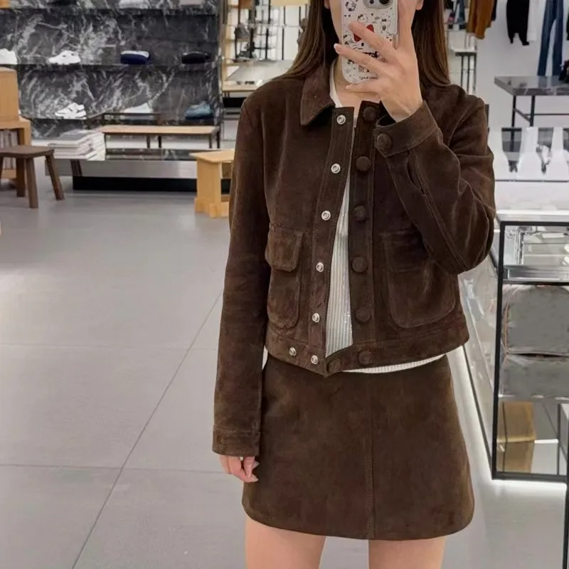 Autumn Outerwear Women’s Kid Suede Leather Jacket Lapel Tooling Wind Single Breasted Casual Long Sleeve Short Silm Leather Coat
