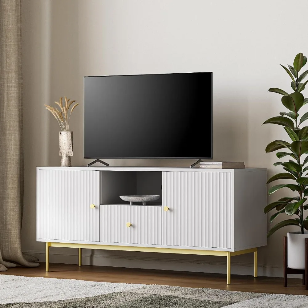 

TV Stand, Modern TV Stand for 60 Inch TV, Entertainment Center with Two Storage Cabinets, Fluted Panel Media Console